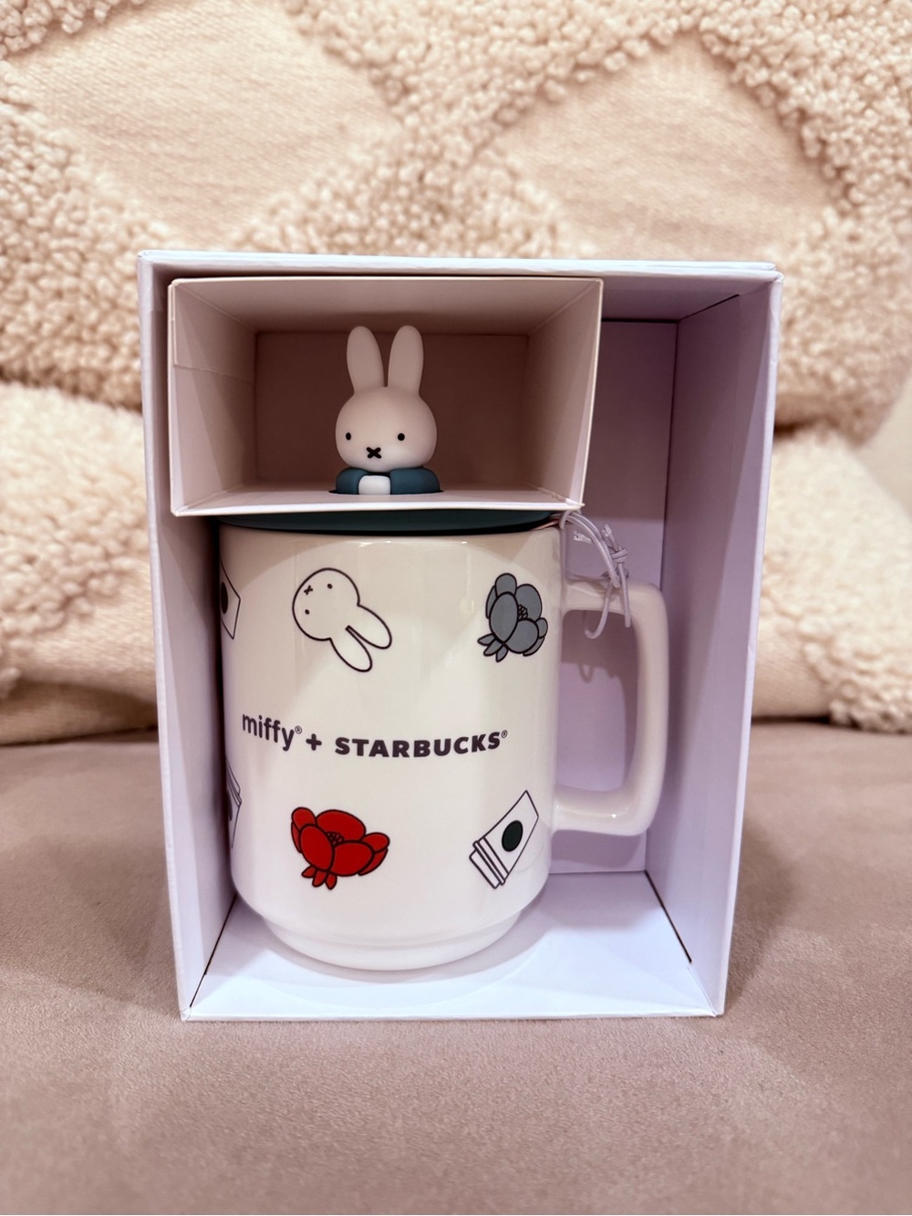 Starbucks White Miffy Ceramic Mug with Red & Gray Accents